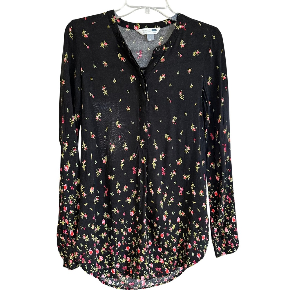 Old Navy Black Floral Popover Top Tunic Shirt Long Sleeve Collared Women's M